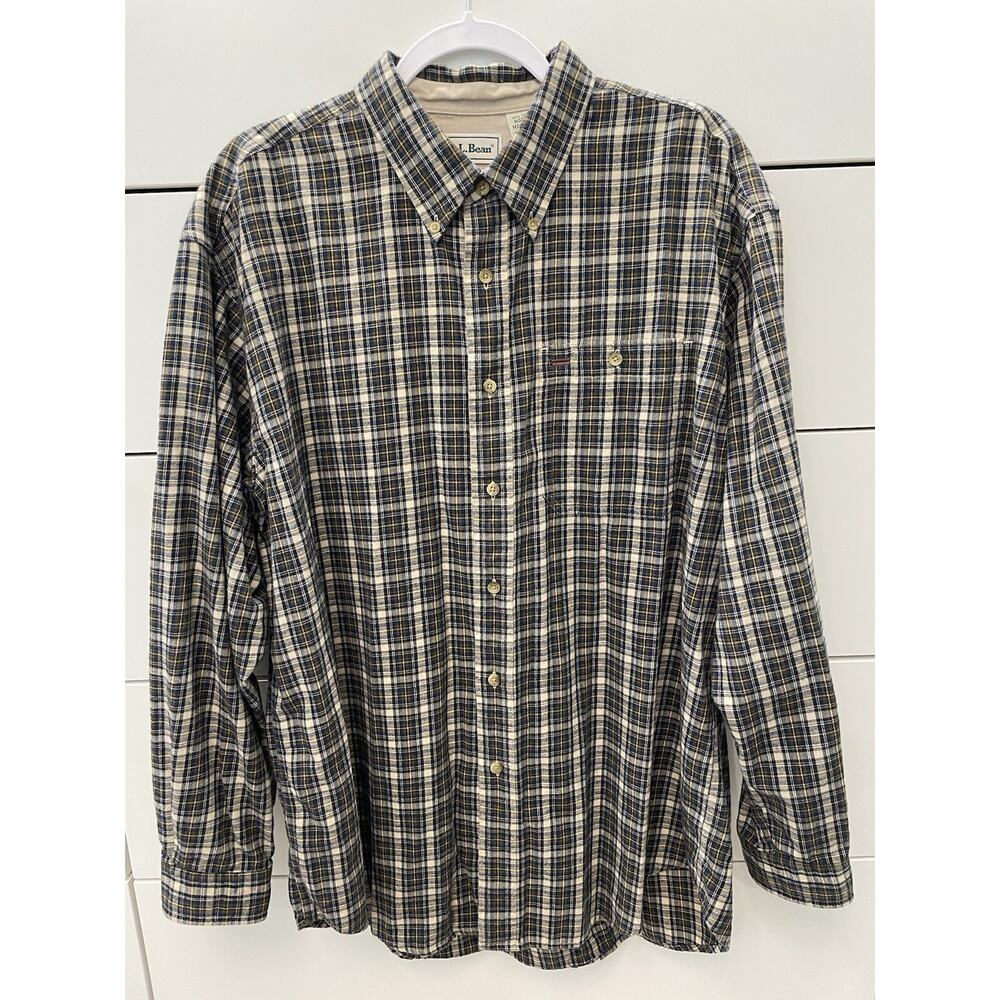 L.L. Bean Mens Large Plaid Flannel Green Blue Long Sleeve Sz. L RN 71341 VN0352
